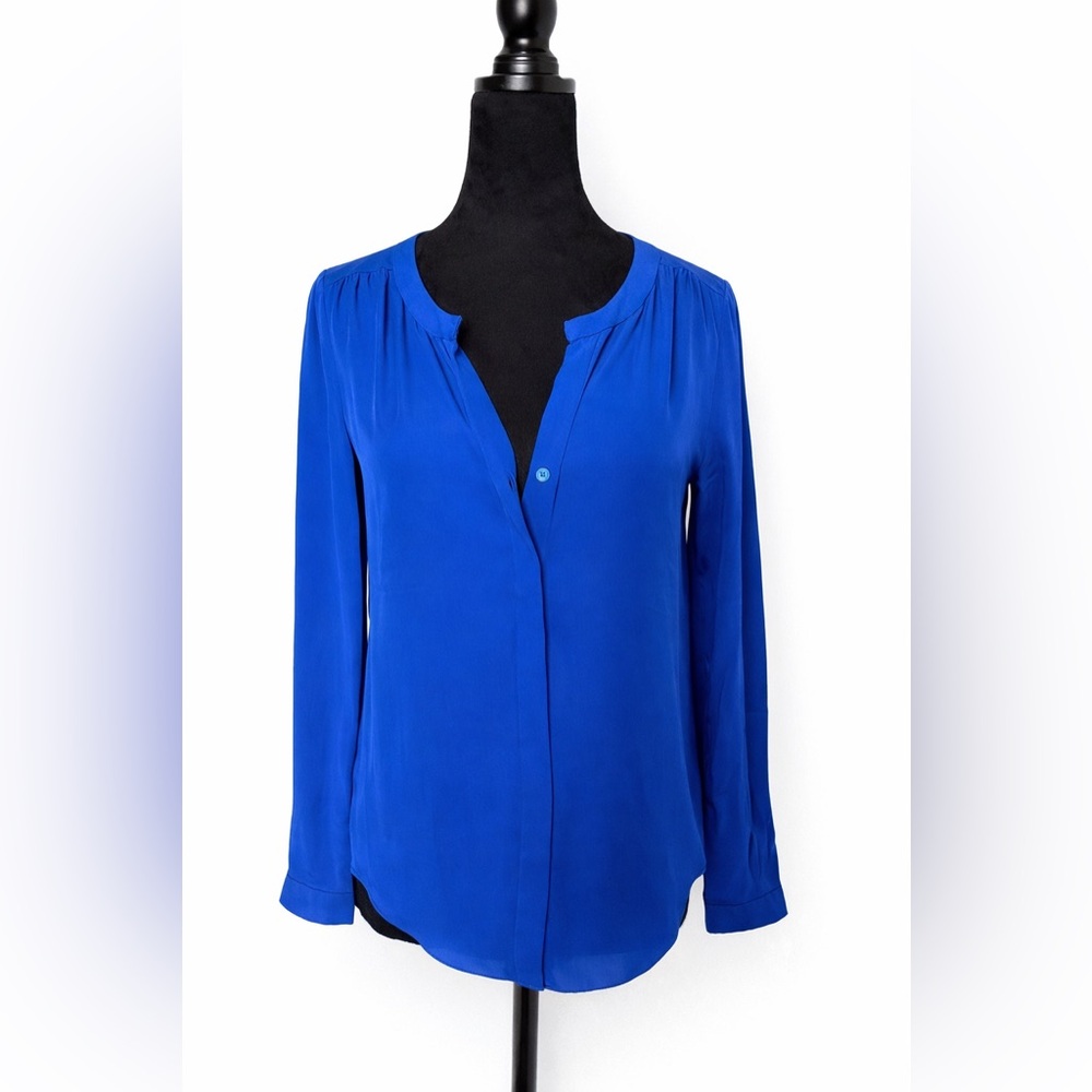 Babaton Silk Blouse XS Royal Blue Split Neck Long Sleeve Minimalist Top